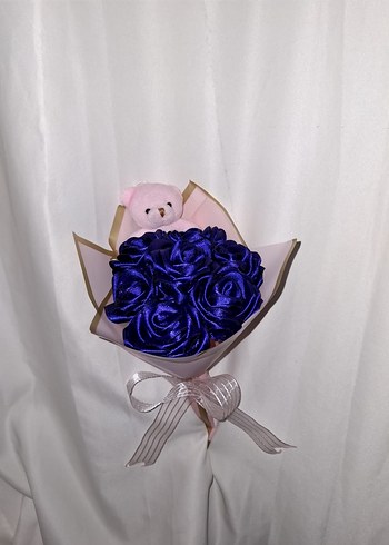 Lacivert Kurdele Çiçek Buketi (Pembe Ayıcıklı) - Görsel 2