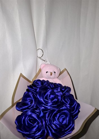 Lacivert Kurdele Çiçek Buketi (Pembe Ayıcıklı) - Görsel 6