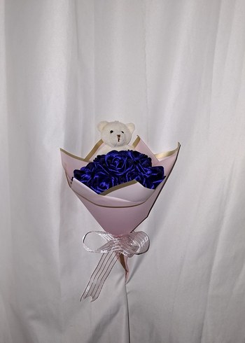 Lacivert Kurdele Çiçek Buketi (Ayıcıklı) - Görsel 2