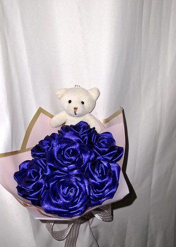 Lacivert Kurdele Çiçek Buketi (Ayıcıklı) - Görsel 4