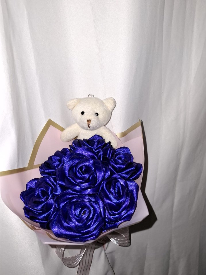 Lacivert Kurdele Çiçek Buketi (Ayıcıklı) - Görsel 4