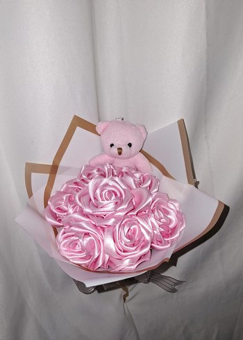 Pembe Kurdele Çiçek Buketi (Pembe Ayıcıklı) - Görsel 4