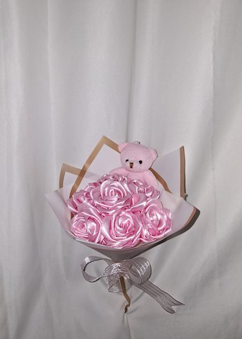 Pembe Kurdele Çiçek Buketi (Pembe Ayıcıklı) - Görsel 3