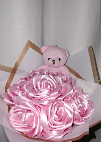 Pembe Kurdele Çiçek Buketi (Pembe Ayıcıklı) - Görsel 5