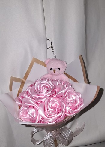 Pembe Kurdele Çiçek Buketi (Pembe Ayıcıklı) - Görsel 6