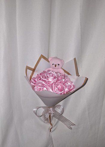 Pembe Kurdele Çiçek Buketi (Pembe Ayıcıklı) - Görsel 2