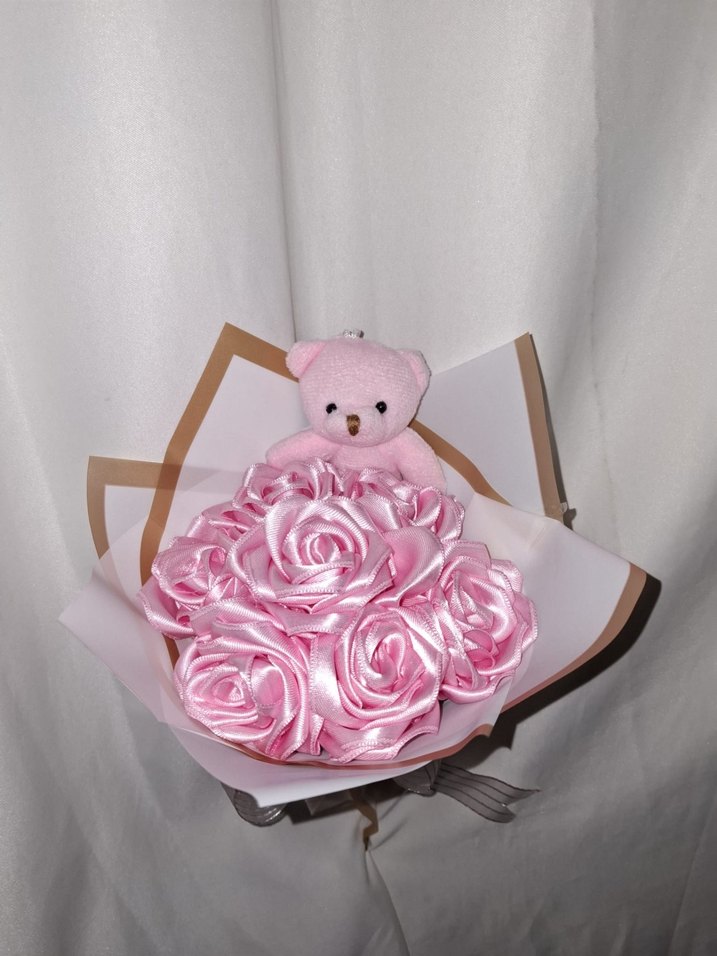 Pembe Kurdele Çiçek Buketi (Pembe Ayıcıklı) - Görsel 4