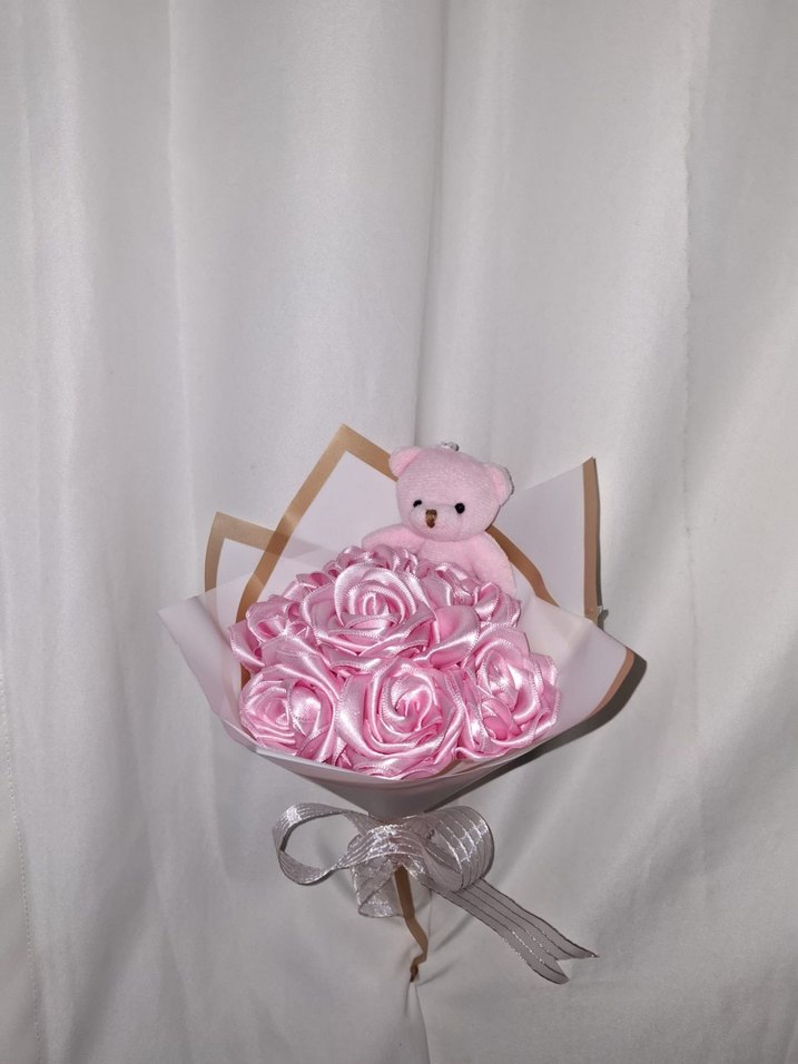 Pembe Kurdele Çiçek Buketi (Pembe Ayıcıklı) - Görsel 3