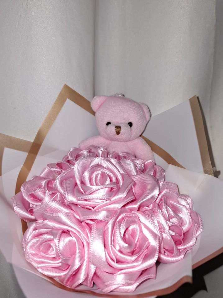 Pembe Kurdele Çiçek Buketi (Pembe Ayıcıklı) - Görsel 5