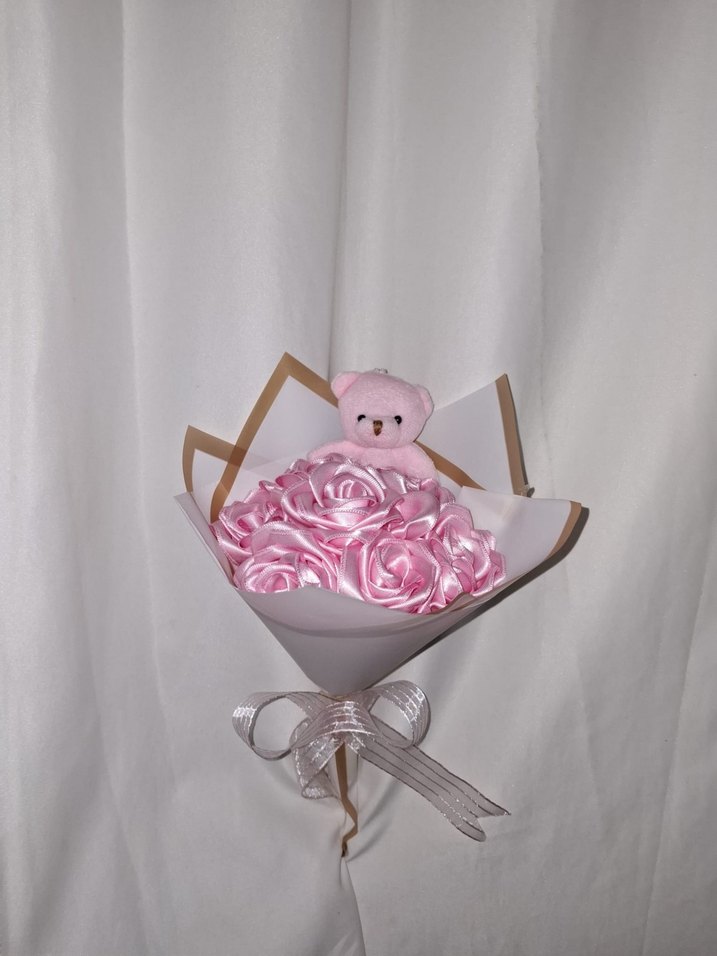 Pembe Kurdele Çiçek Buketi (Pembe Ayıcıklı) - Görsel 2