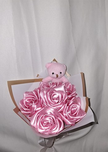 Pembe Kurdele Çiçek Buketi (Pembe Ayıcıklı) - Görsel 4