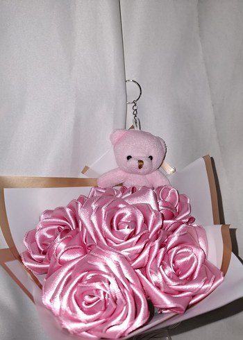 Pembe Kurdele Çiçek Buketi (Pembe Ayıcıklı) - Görsel 6