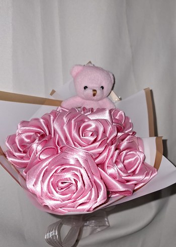 Pembe Kurdele Çiçek Buketi (Pembe Ayıcıklı) - Görsel 5