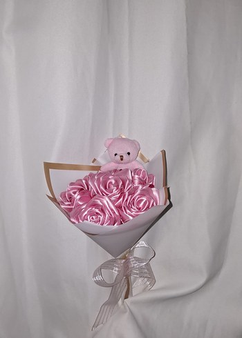 Pembe Kurdele Çiçek Buketi (Pembe Ayıcıklı) - Görsel 2