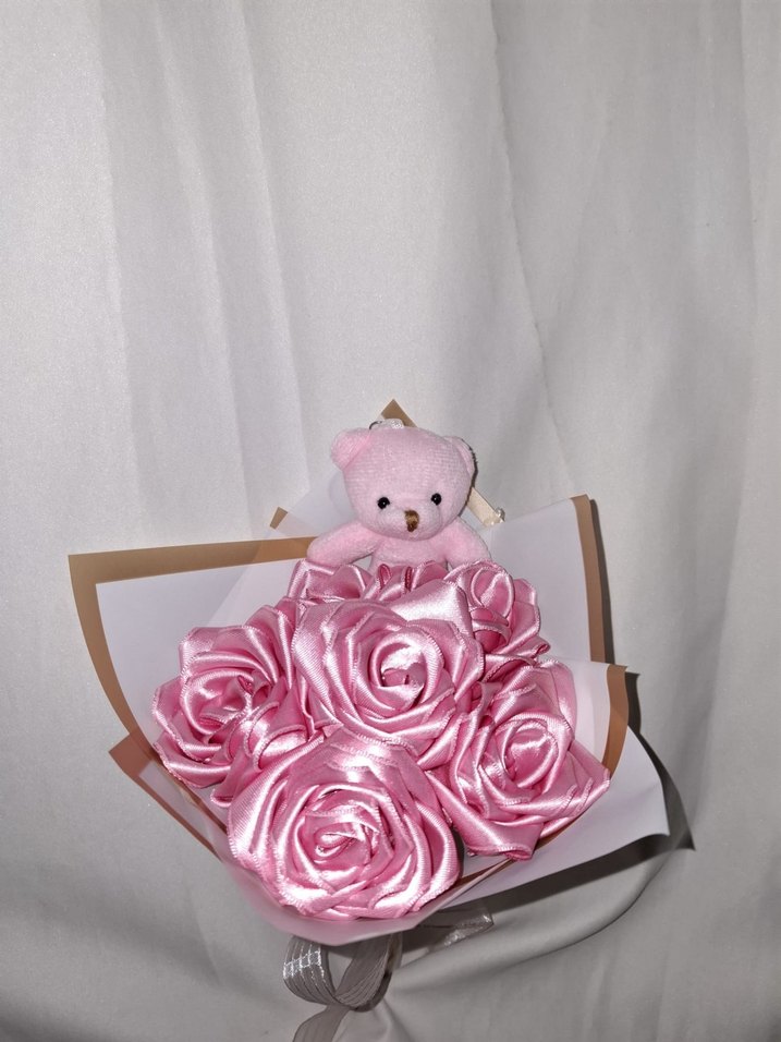 Pembe Kurdele Çiçek Buketi (Pembe Ayıcıklı) - Görsel 4