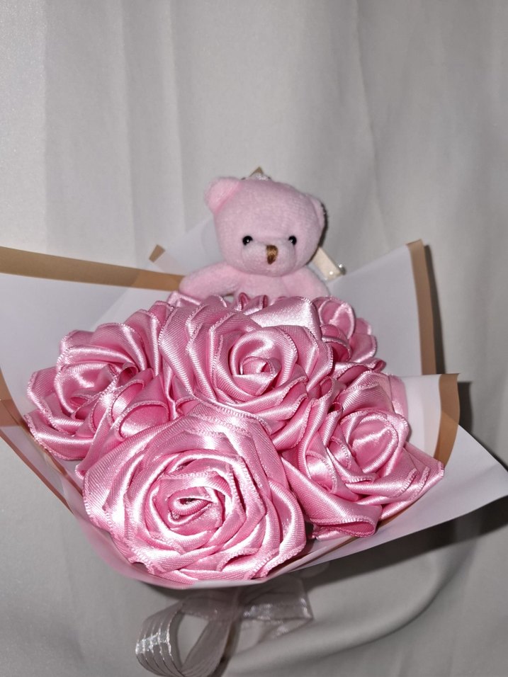 Pembe Kurdele Çiçek Buketi (Pembe Ayıcıklı) - Görsel 5