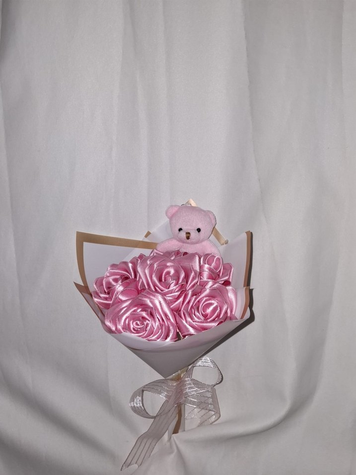 Pembe Kurdele Çiçek Buketi (Pembe Ayıcıklı) - Görsel 3