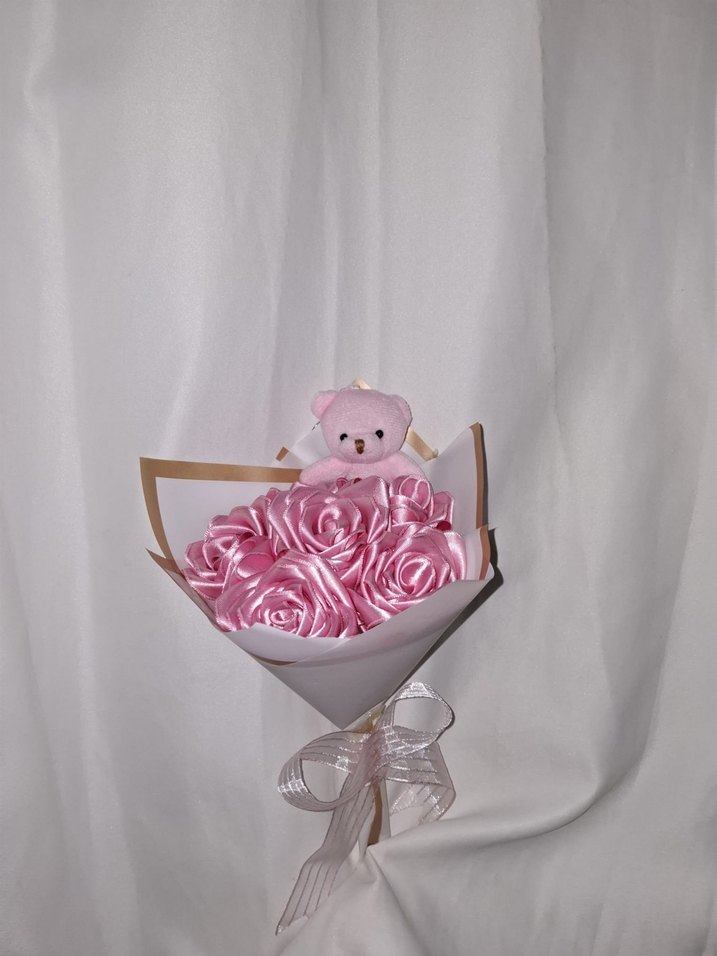 Pembe Kurdele Çiçek Buketi (Pembe Ayıcıklı) - Görsel 2