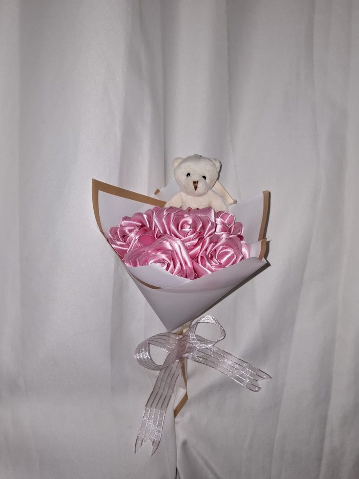 Pembe Kurdele Çiçek Buketi (Ayıcıklı) - Görsel 2