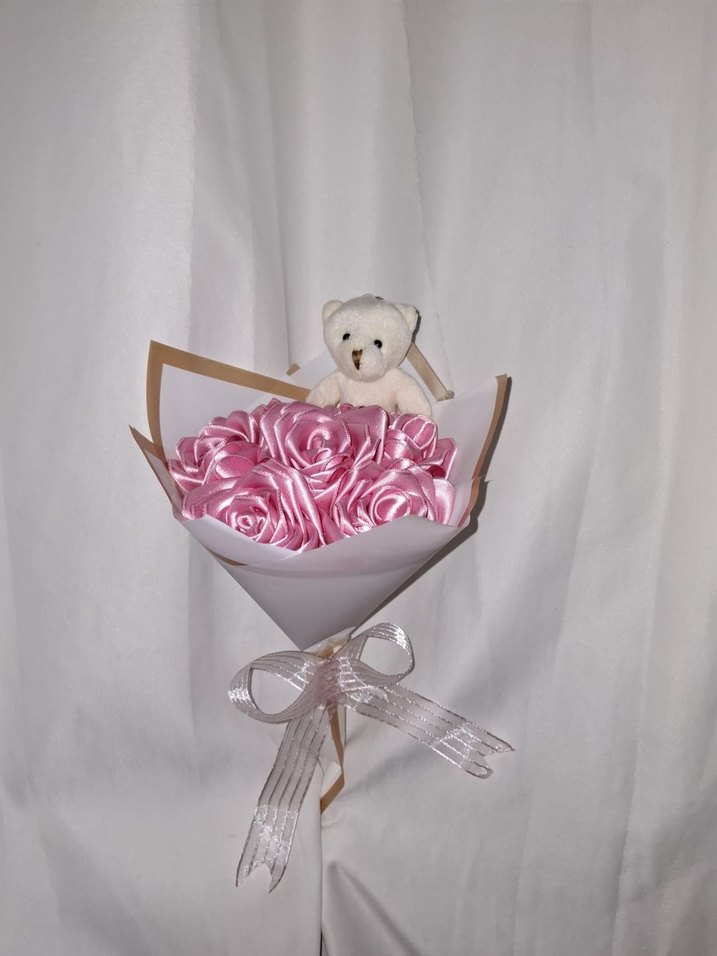 Pembe Kurdele Çiçek Buketi (Ayıcıklı) - Görsel 3