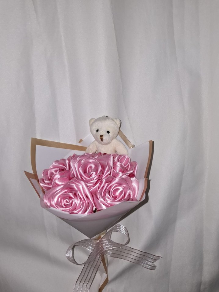 Pembe Kurdele Çiçek Buketi (Ayıcıklı) - Görsel 4