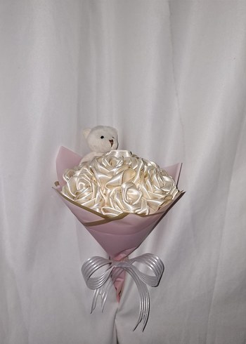 Krem Kurdele Çiçek Buketi (Ayıcıklı) - Görsel 4