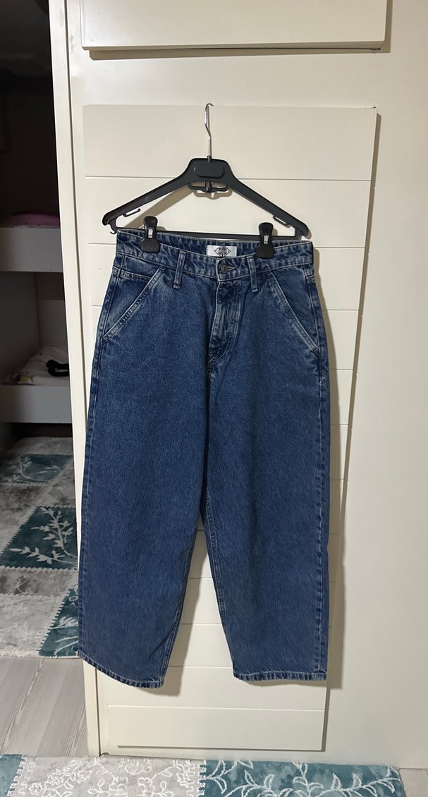 Mavi Bağlama Desenli Düğmeli Kadın Denim Pantolon - Görsel 3