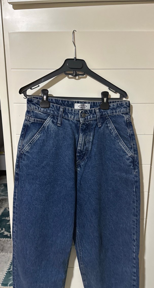 Mavi Bağlama Desenli Düğmeli Kadın Denim Pantolon - Görsel 2