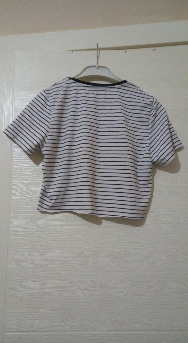 Beyaz Çizgili Baskılı Crop Top - Görsel 3