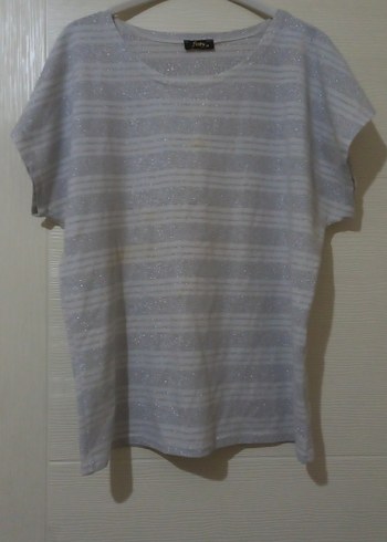 Gri Simli Beyaz Çizgili Kadın Kısa Kollu Bluz - Görsel 2