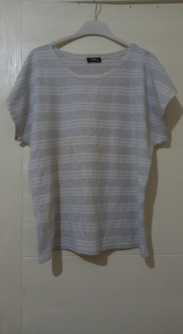 Gri Simli Beyaz Çizgili Kadın Kısa Kollu Bluz - Görsel 2