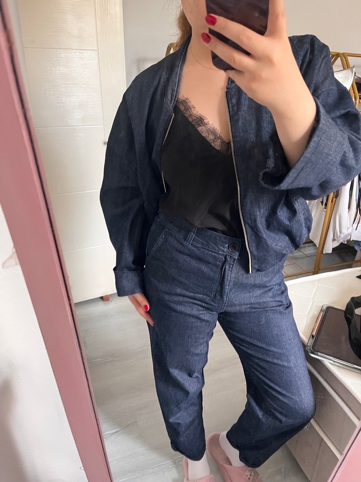 Kadın Lacivert Fermuarlı Kot Ceket, Pantolon Takım - Görsel 2