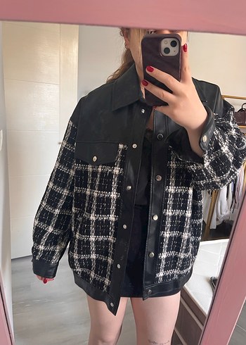 Düğmeli Siyah Ekose Kadın Ceket - Görsel 2