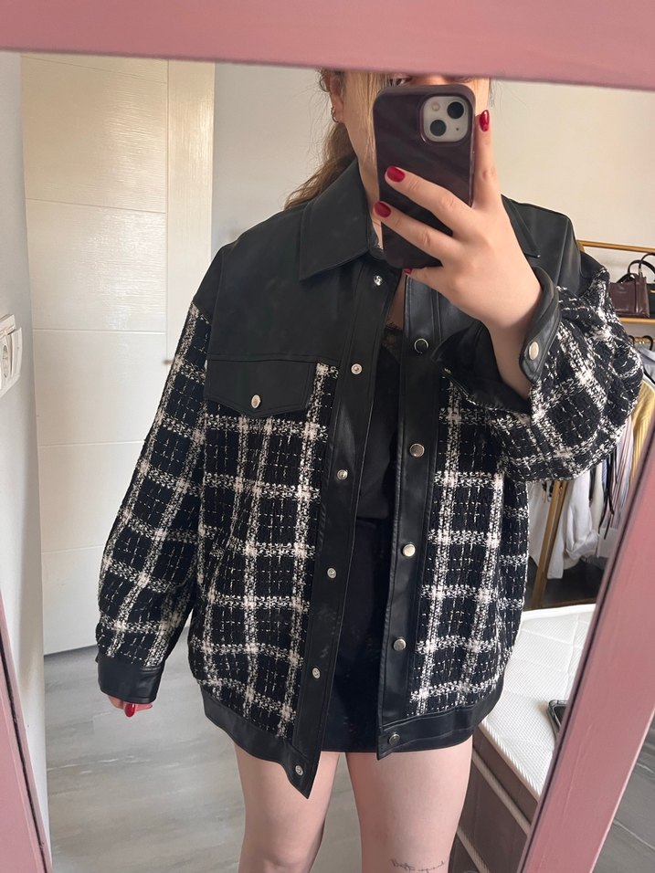 Düğmeli Siyah Ekose Kadın Ceket - Görsel 2