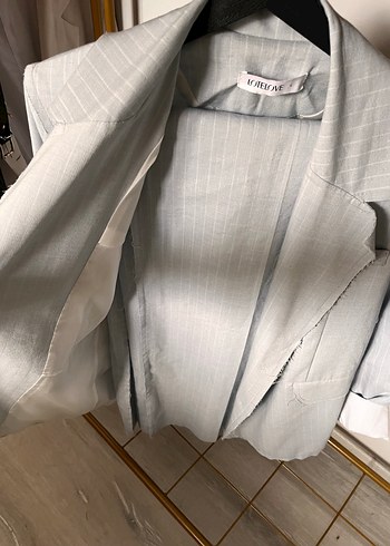 Beyaz Keten Kadın Blazer Ceket Pantolon Takım - Görsel 5