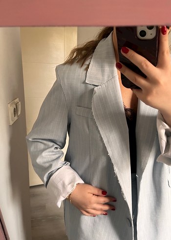 Beyaz Keten Kadın Blazer Ceket Pantolon Takım - Görsel 2