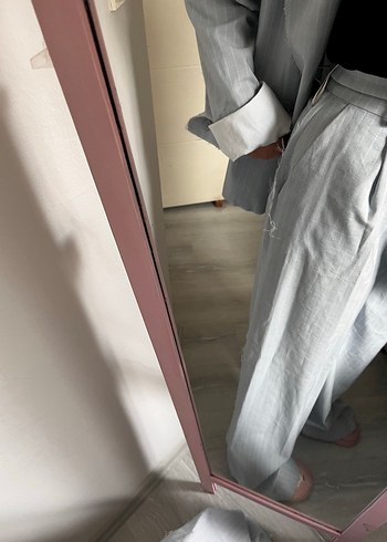 Beyaz Keten Kadın Blazer Ceket Pantolon Takım - Görsel 3