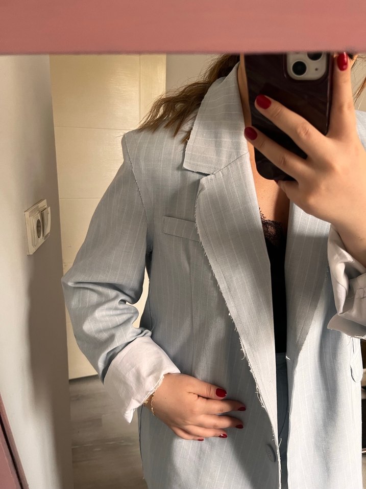 Beyaz Keten Kadın Blazer Ceket Pantolon Takım - Görsel 2