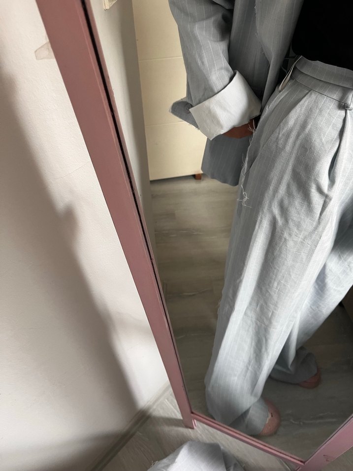 Beyaz Keten Kadın Blazer Ceket Pantolon Takım - Görsel 3