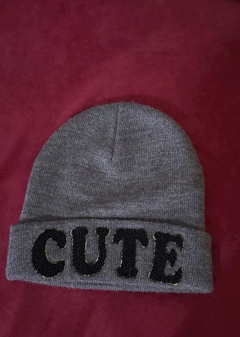 Gri Örgü Yün Kadın Bere CUTE Nakışlı - Görsel 4