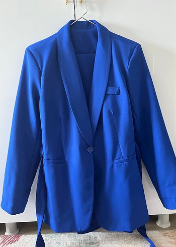 Kadın Mavi Kemerli ceket ve palazzo pantolon takımı - Görsel 3