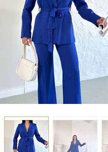 Kadın Mavi Kemerli ceket ve palazzo pantolon takımı - Görsel 2