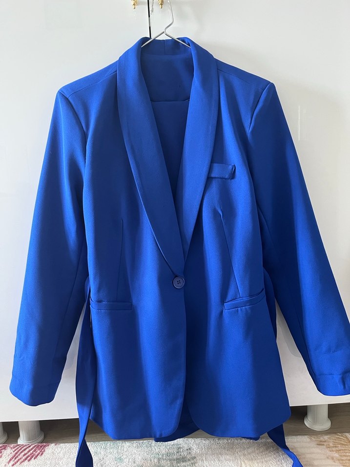 Kadın Mavi Kemerli ceket ve palazzo pantolon takımı - Görsel 3