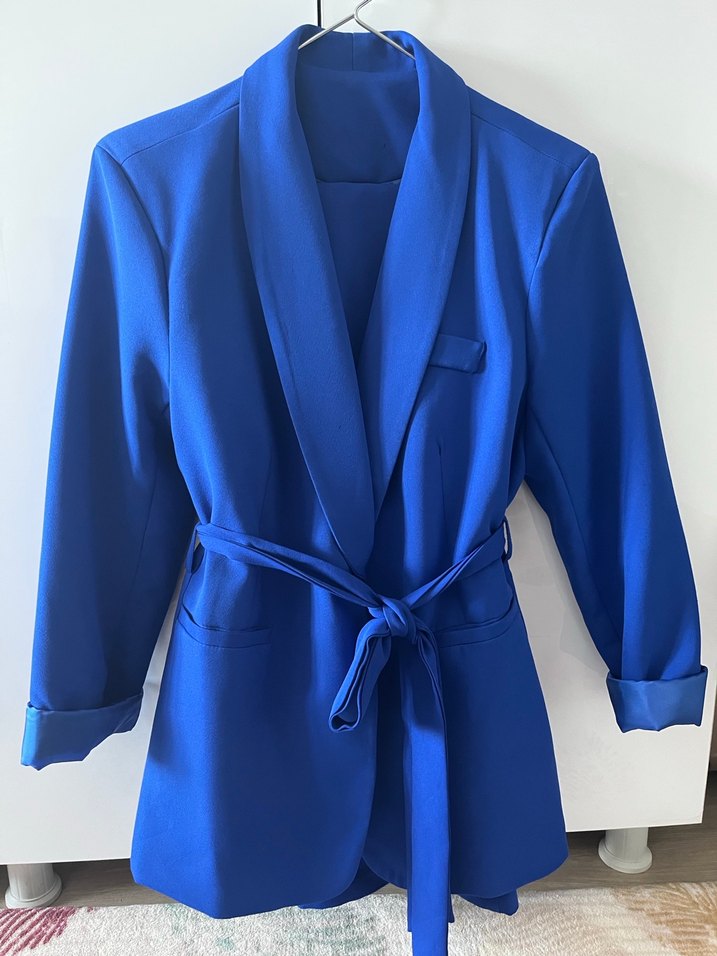 Kadın Mavi Kemerli ceket ve palazzo pantolon takımı - Görsel 4