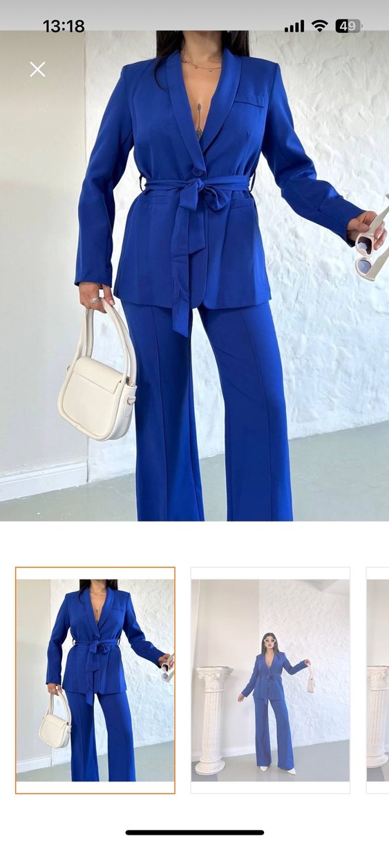 Kadın Mavi Kemerli ceket ve palazzo pantolon takımı - Görsel 2