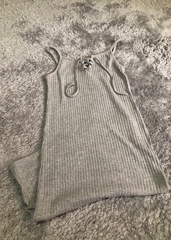 Gri Triko Uzun Halter Yaka Elbise - Görsel 2