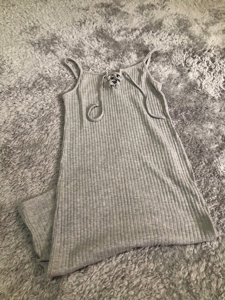 Gri Triko Uzun Halter Yaka Elbise - Görsel 2