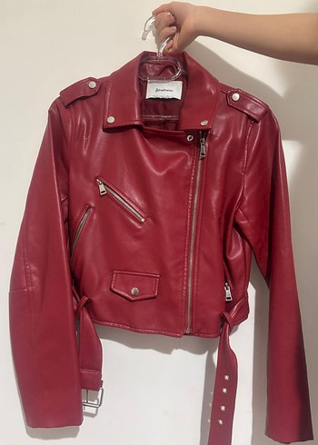 Bordo Kadın Deri Biker Ceket - Görsel 4