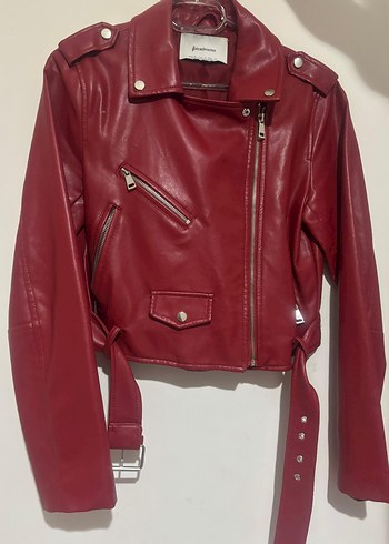 Bordo Kadın Deri Biker Ceket - Görsel 5