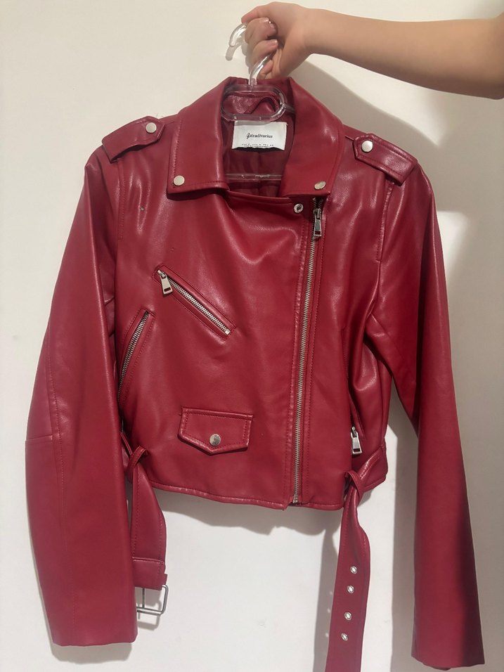 Bordo Kadın Deri Biker Ceket - Görsel 4